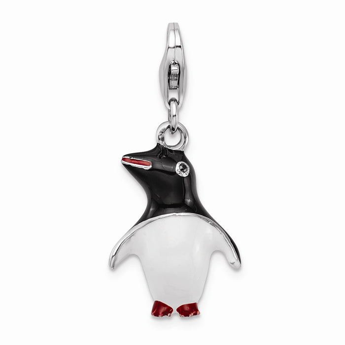 Million Charms 925 Sterling Silver Rhodium-Plated Enamel Penguin With Lobster Clasp Charm