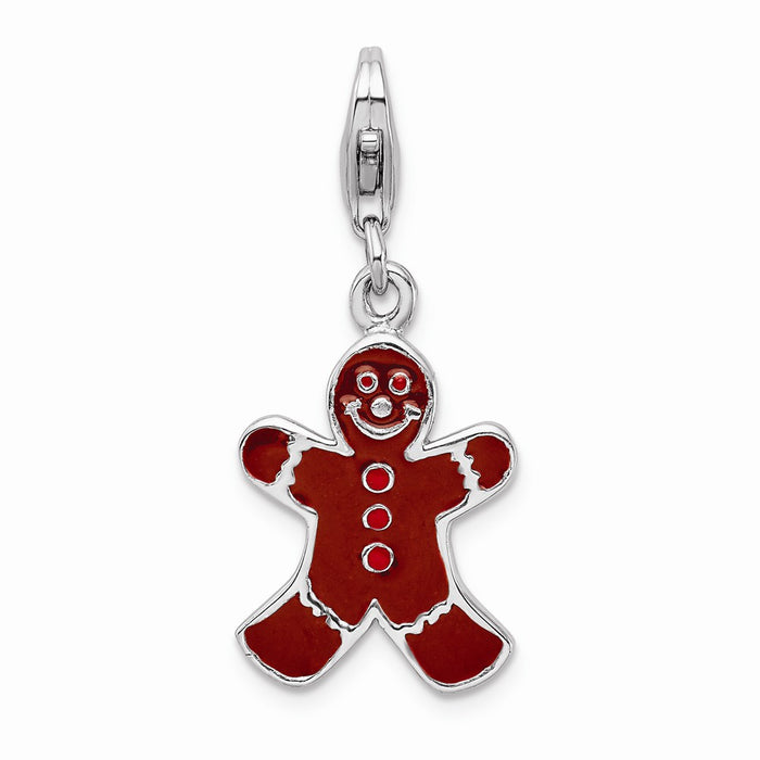 Million Charms 925 Sterling Silver With Rhodium-Plated Enamel Gingerbread Man With Lobster Clasp Charm