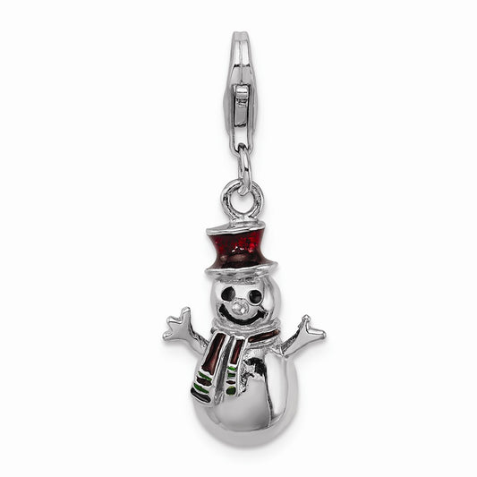 Million Charms 925 Sterling Silver With Rhodium-Plated Enamel Snowman With Lobster Clasp Charm