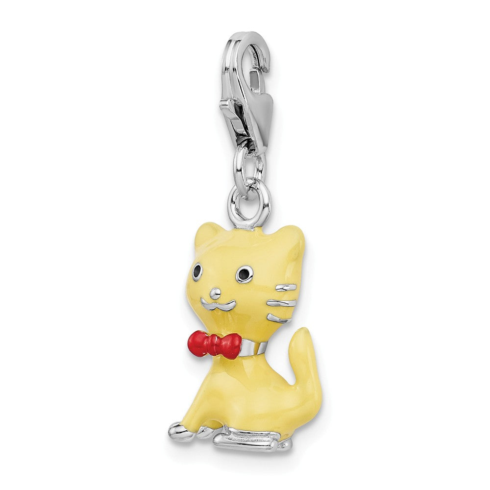 Million Charms 925 Sterling Silver Enameled 3-D Cat With Bow Tie With Lobster Clasp Charm