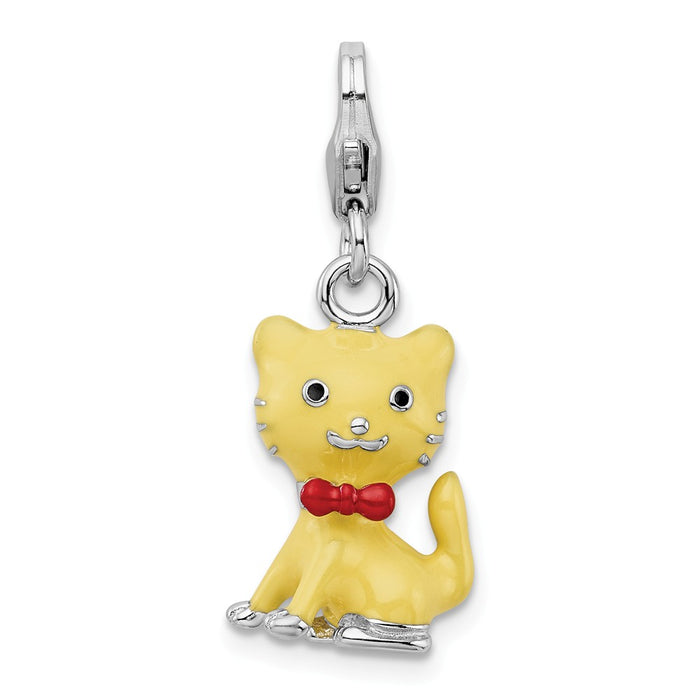 Million Charms 925 Sterling Silver Enameled 3-D Cat With Bow Tie With Lobster Clasp Charm