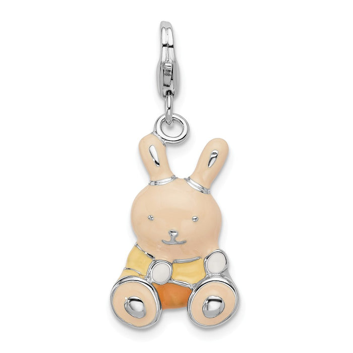 Million Charms 925 Sterling Silver Rhodium-Plated Enameled 3-D Bunny With Lobster Clasp Charm