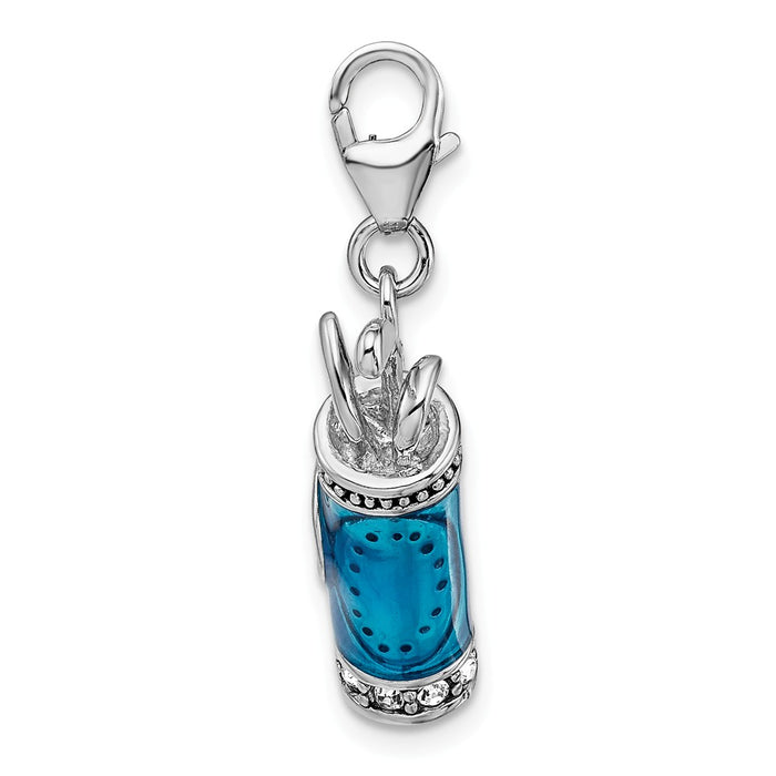 Million Charms 925 Sterling Silver Rhodium-Plated Enameled 3-D Sports Golf Bag, Clubs With Lobster Clasp Charm