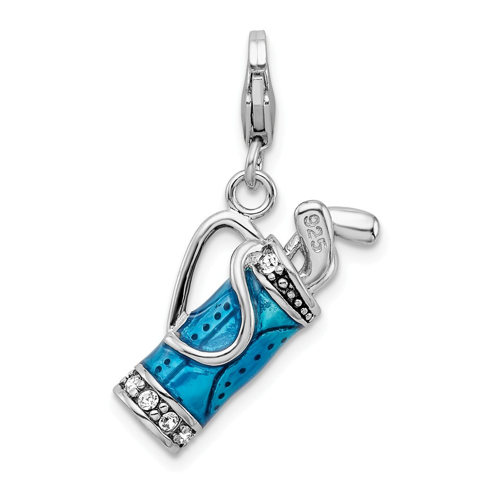 Million Charms 925 Sterling Silver Rhodium-Plated Enameled 3-D Sports Golf Bag, Clubs With Lobster Clasp Charm
