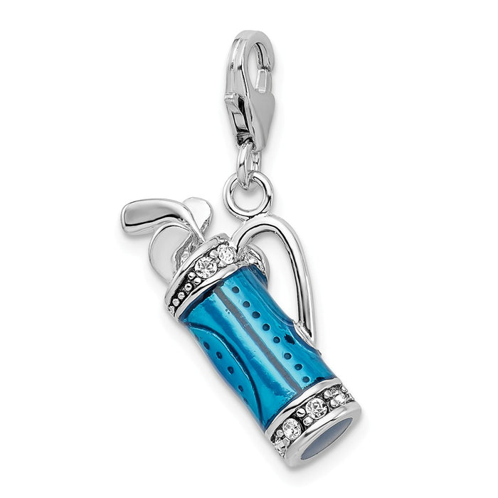 Million Charms 925 Sterling Silver Rhodium-Plated Enameled 3-D Sports Golf Bag, Clubs With Lobster Clasp Charm