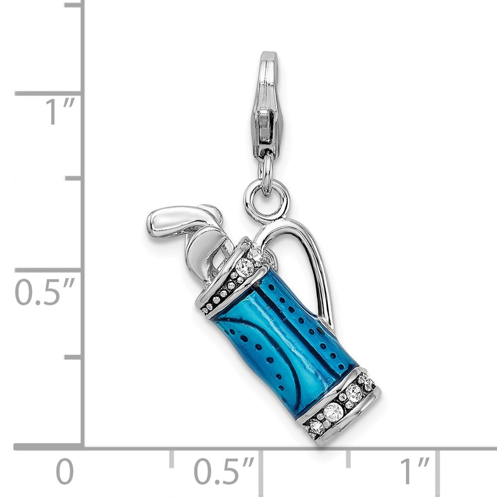 Million Charms 925 Sterling Silver Rhodium-Plated Enameled 3-D Sports Golf Bag, Clubs With Lobster Clasp Charm