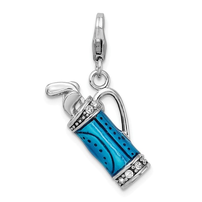 Million Charms 925 Sterling Silver Rhodium-Plated Enameled 3-D Sports Golf Bag, Clubs With Lobster Clasp Charm