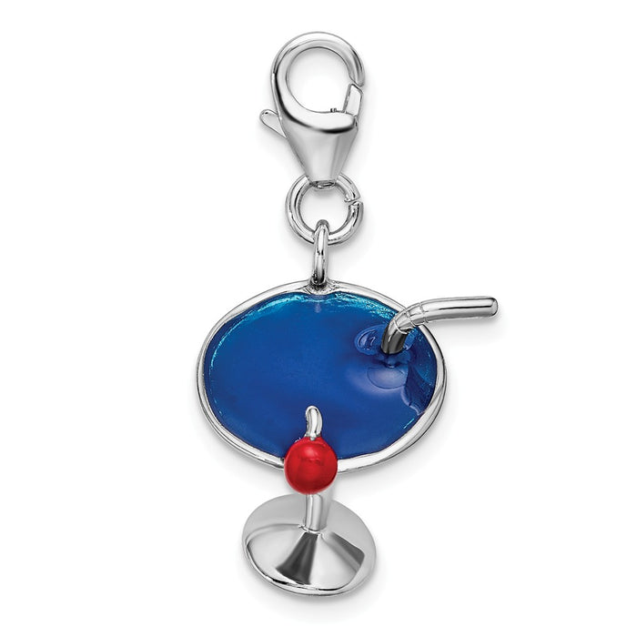 Million Charms 925 Sterling Silver With Rhodium-Plated Enameled 3-D Martini With Lobster Clasp Charm