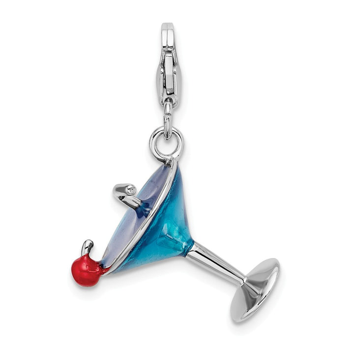 Million Charms 925 Sterling Silver With Rhodium-Plated Enameled 3-D Martini With Lobster Clasp Charm