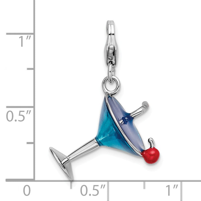 Million Charms 925 Sterling Silver With Rhodium-Plated Enameled 3-D Martini With Lobster Clasp Charm