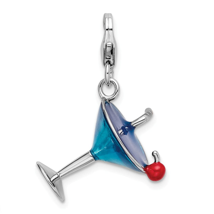 Million Charms 925 Sterling Silver With Rhodium-Plated Enameled 3-D Martini With Lobster Clasp Charm