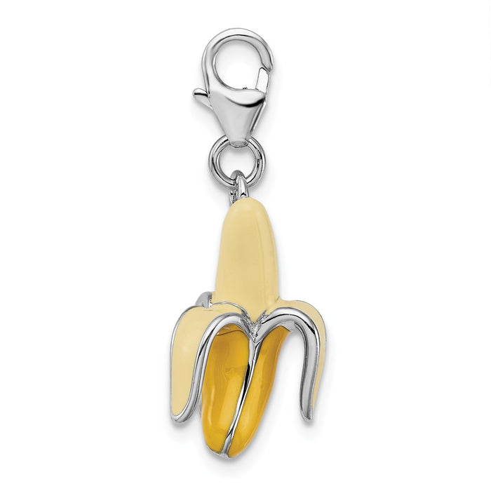 Million Charms 925 Sterling Silver Rhodium-Plated Enameled 3-D Peeled Banana With Lobster Clasp Charm