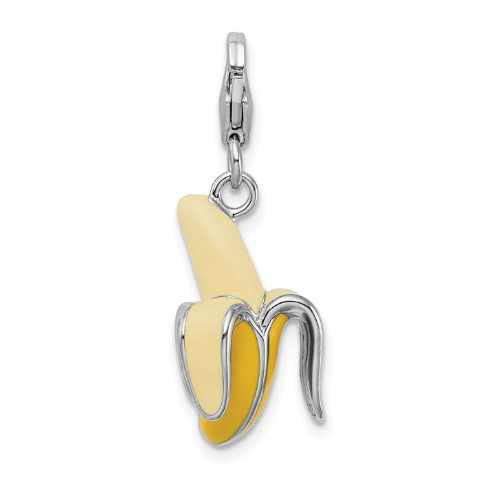 Million Charms 925 Sterling Silver Rhodium-Plated Enameled 3-D Peeled Banana With Lobster Clasp Charm