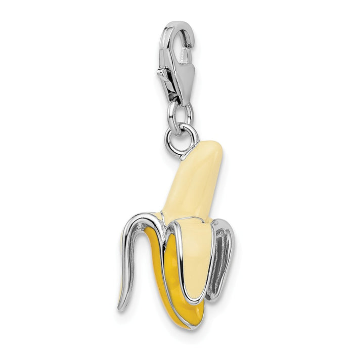 Million Charms 925 Sterling Silver Rhodium-Plated Enameled 3-D Peeled Banana With Lobster Clasp Charm