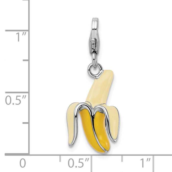 Million Charms 925 Sterling Silver Rhodium-Plated Enameled 3-D Peeled Banana With Lobster Clasp Charm