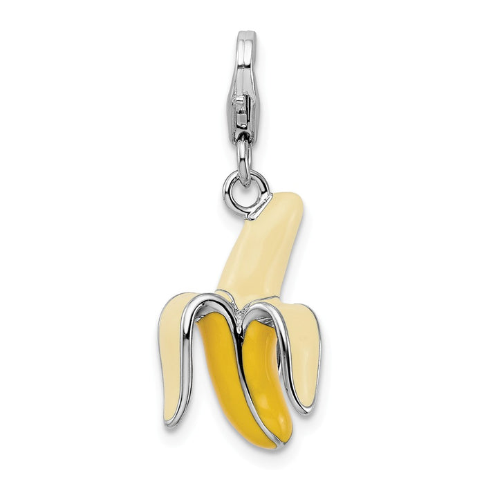 Million Charms 925 Sterling Silver Rhodium-Plated Enameled 3-D Peeled Banana With Lobster Clasp Charm