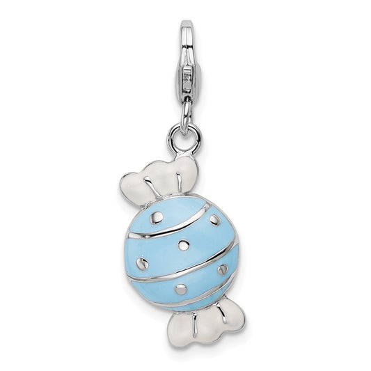 Million Charms 925 Sterling Silver With Rhodium-Plated Enameled Piece Of Candy In Wrapper With Lobster Clasp Charm