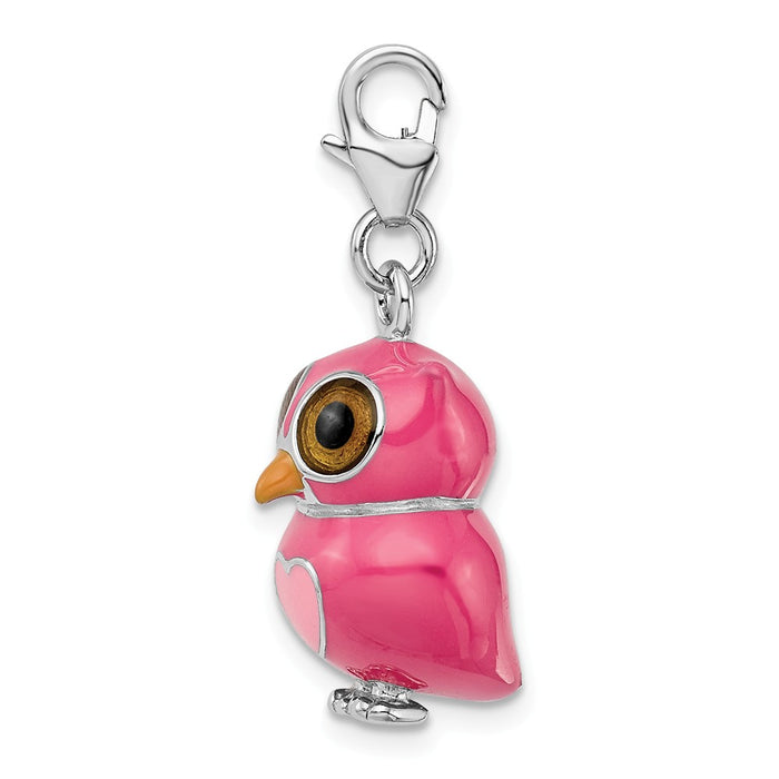 Million Charms 925 Sterling Silver Rhodium-Plated Enameled 3-D Heart Owl With Lobster Clasp Charm