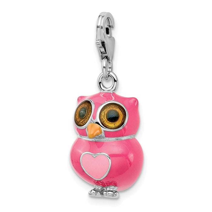 Million Charms 925 Sterling Silver Rhodium-Plated Enameled 3-D Heart Owl With Lobster Clasp Charm