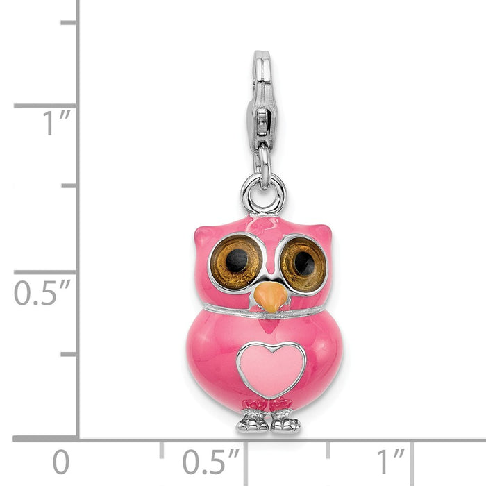 Million Charms 925 Sterling Silver Rhodium-Plated Enameled 3-D Heart Owl With Lobster Clasp Charm