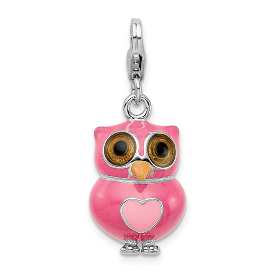 Million Charms 925 Sterling Silver Rhodium-Plated Enameled 3-D Heart Owl With Lobster Clasp Charm