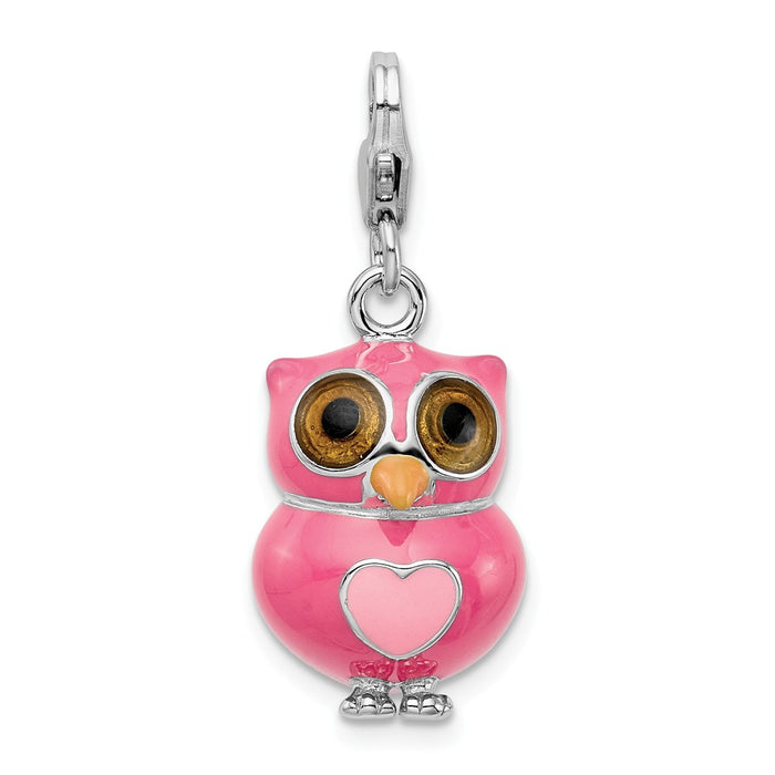 Million Charms 925 Sterling Silver Rhodium-Plated Enameled 3-D Heart Owl With Lobster Clasp Charm