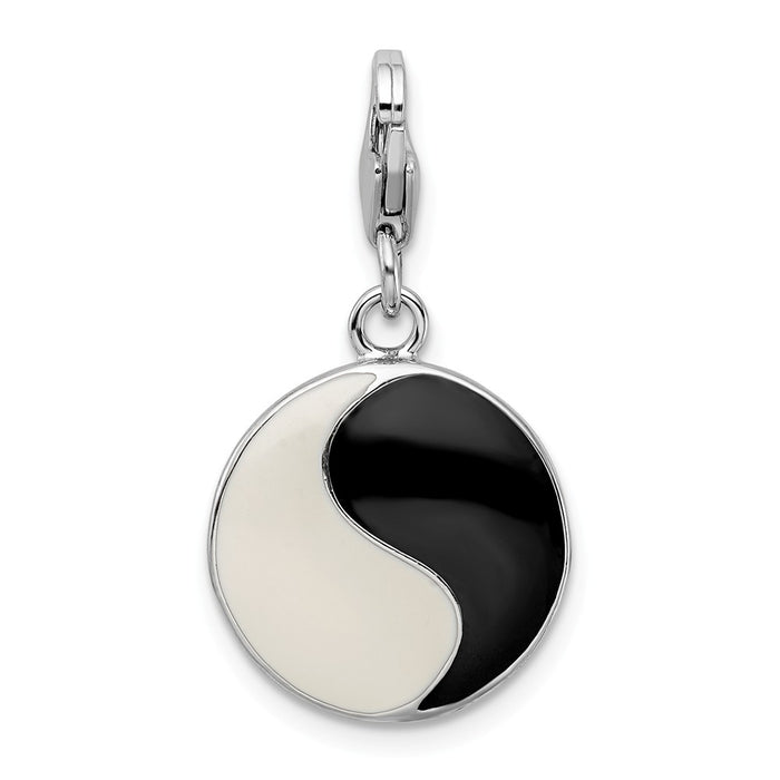 Million Charms 925 Sterling Silver With Rhodium-Plated Enameled 3-D Yin Yang Sign With Lobster Clasp Charm