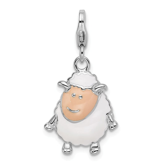 Million Charms 925 Sterling Silver Rhodium-Plated Enameled Sheep With Lobster Clasp Charm