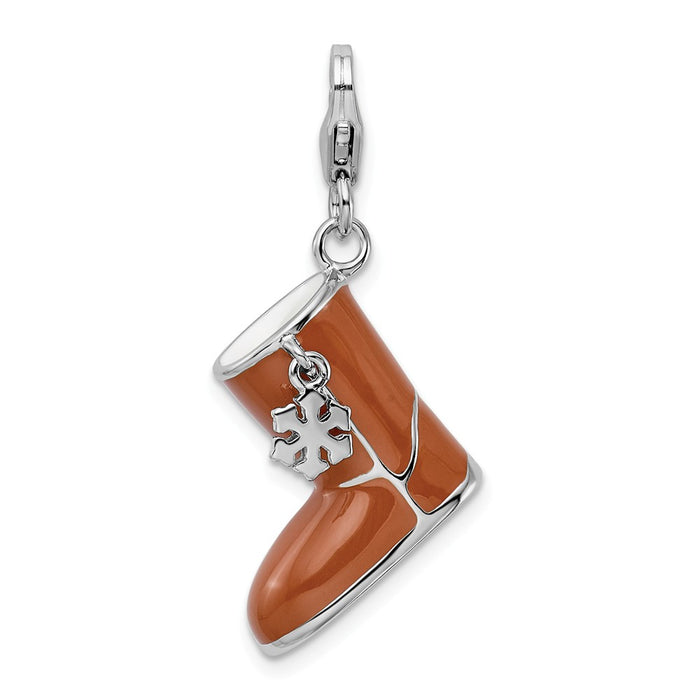 Million Charms 925 Sterling Silver Rhodium-Plated Enameled 3-D Snow Boot With Lobster Clasp Charm