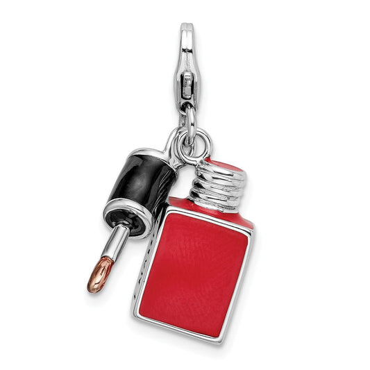 Million Charms 925 Sterling Silver With Rhodium-Plated Enameled 3-D Fingernail Polish With Lobster Clasp Charm