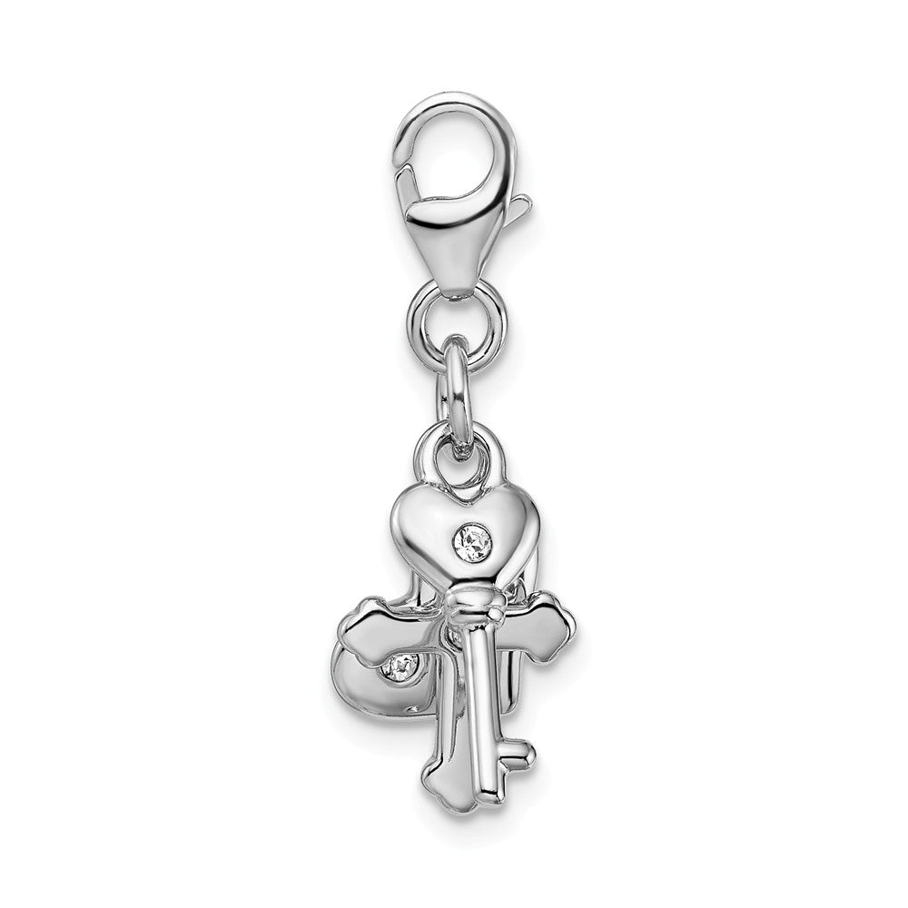 Million Charms 925 Sterling Silver Rhodium-Plated Heart Relgious Cross, Key With Lobster Clasp Charm