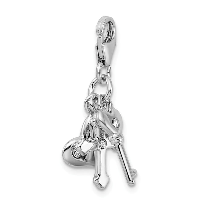 Million Charms 925 Sterling Silver Rhodium-Plated Heart Relgious Cross, Key With Lobster Clasp Charm