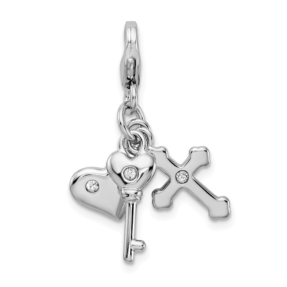 Million Charms 925 Sterling Silver Rhodium-Plated Heart Relgious Cross, Key With Lobster Clasp Charm