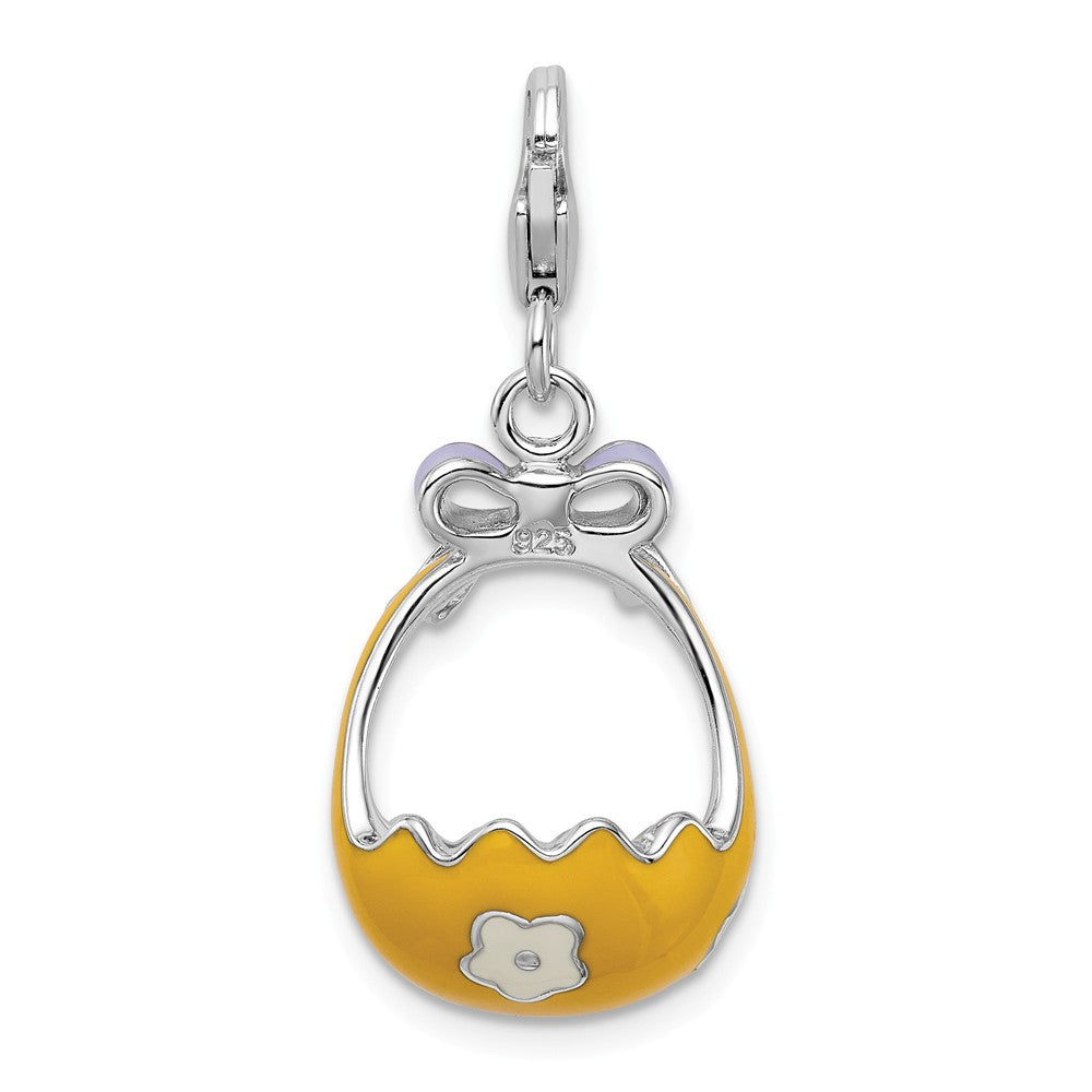 Million Charms 925 Sterling Silver With Rhodium-Plated Enameled 3-D Flower Basket, Bow With Lobster Clasp Charm