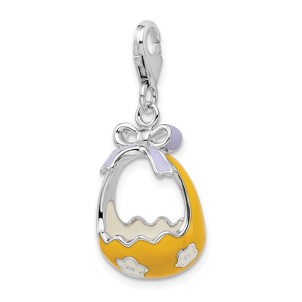 Million Charms 925 Sterling Silver With Rhodium-Plated Enameled 3-D Flower Basket, Bow With Lobster Clasp Charm