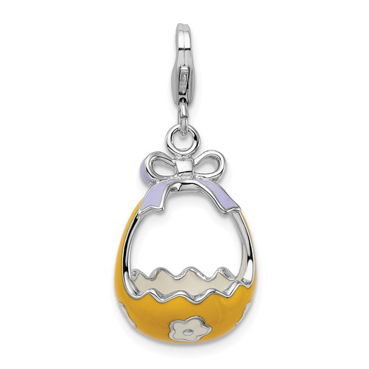 Million Charms 925 Sterling Silver With Rhodium-Plated Enameled 3-D Flower Basket, Bow With Lobster Clasp Charm