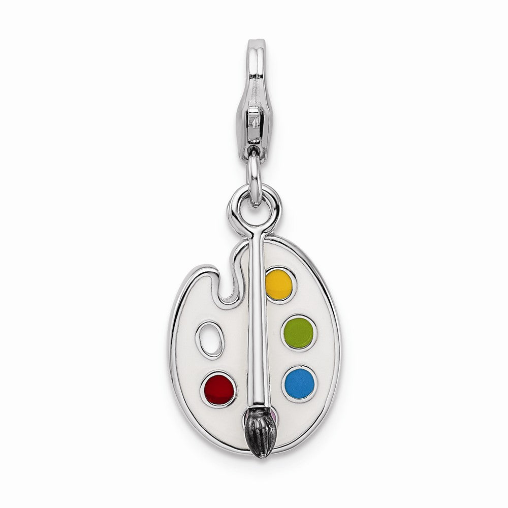 Million Charms 925 Sterling Silver With Rhodium-Plated Enameled 3-D Palette, Brush With Lobster Clasp Charm