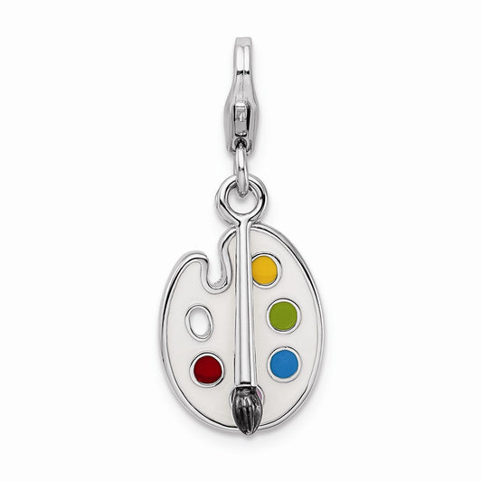 Million Charms 925 Sterling Silver With Rhodium-Plated Enameled 3-D Palette, Brush With Lobster Clasp Charm