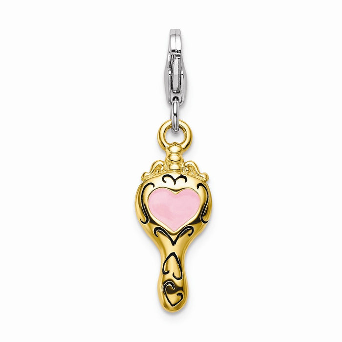 Million Charms 925 Sterling Silver Enameled 3-D Gold Themed Plated Heart Mirror With Lobster Clasp Charm