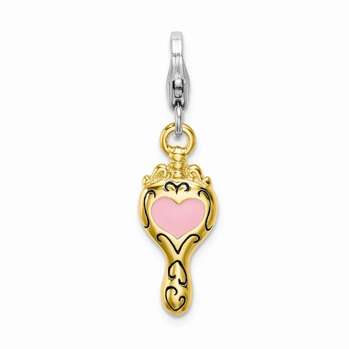 Million Charms 925 Sterling Silver Enameled 3-D Gold Themed Plated Heart Mirror With Lobster Clasp Charm