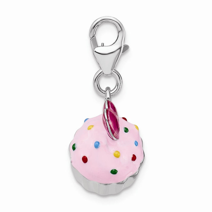 Million Charms 925 Sterling Silver With Rhodium-Plated Enameled 3-D Cupcake, Heart With Lobster Clasp Charm