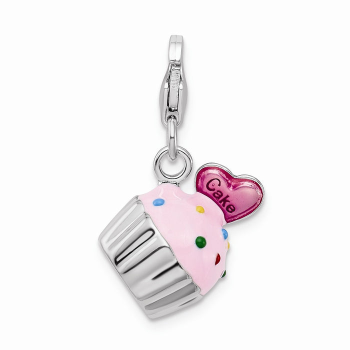 Million Charms 925 Sterling Silver With Rhodium-Plated Enameled 3-D Cupcake, Heart With Lobster Clasp Charm