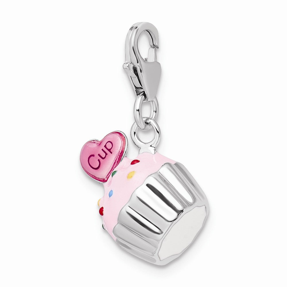 Million Charms 925 Sterling Silver With Rhodium-Plated Enameled 3-D Cupcake, Heart With Lobster Clasp Charm