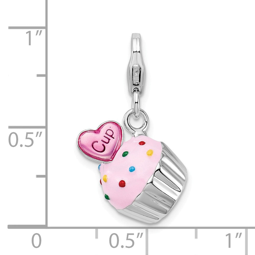 Million Charms 925 Sterling Silver With Rhodium-Plated Enameled 3-D Cupcake, Heart With Lobster Clasp Charm
