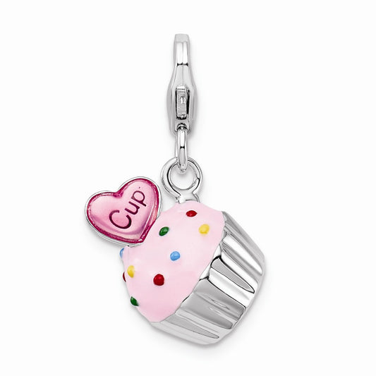 Million Charms 925 Sterling Silver With Rhodium-Plated Enameled 3-D Cupcake, Heart With Lobster Clasp Charm