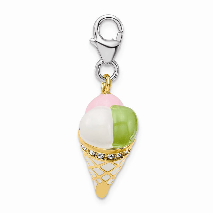 Million Charms 925 Sterling Silver Enameled 3-D Gold Themed Plated Ice Cream Cone With Lobster Clasp Cha
