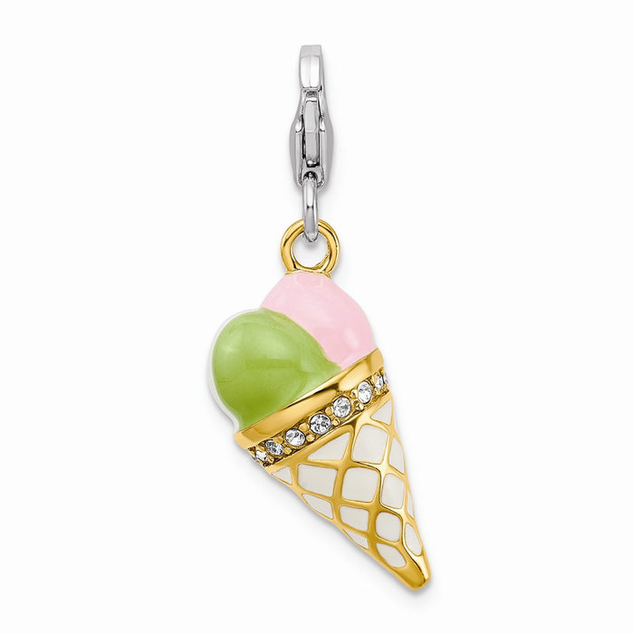 Million Charms 925 Sterling Silver Enameled 3-D Gold Themed Plated Ice Cream Cone With Lobster Clasp Cha