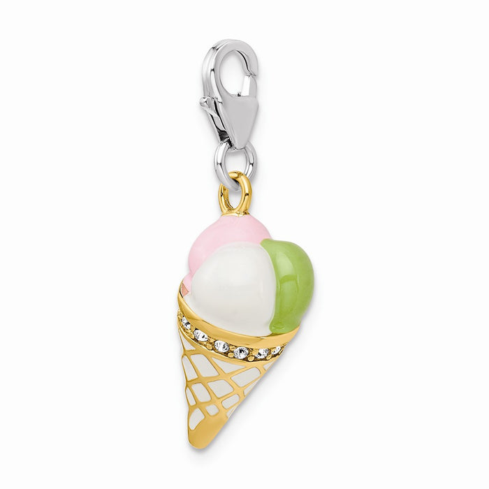 Million Charms 925 Sterling Silver Enameled 3-D Gold Themed Plated Ice Cream Cone With Lobster Clasp Cha