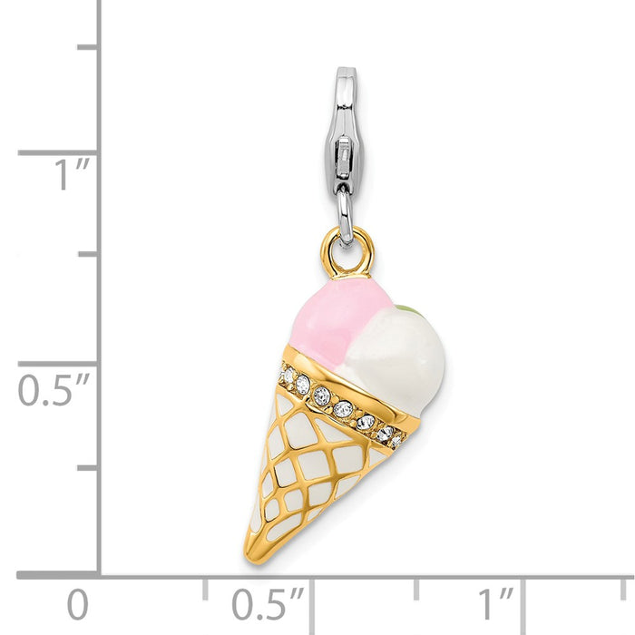 Million Charms 925 Sterling Silver Enameled 3-D Gold Themed Plated Ice Cream Cone With Lobster Clasp Cha