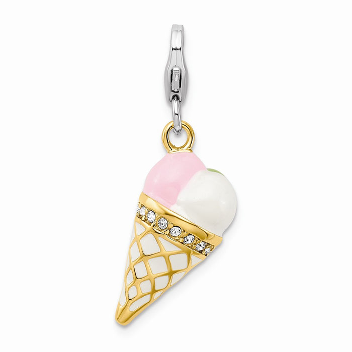 Million Charms 925 Sterling Silver Enameled 3-D Gold Themed Plated Ice Cream Cone With Lobster Clasp Cha